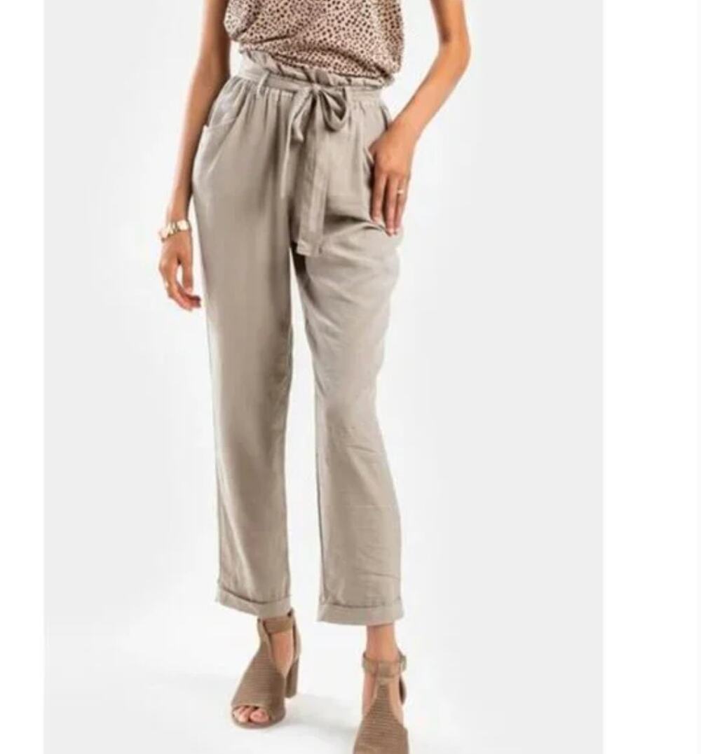 Thread + Supply Beige Taupe Lyocell Lightweight Paperbag Pant Elastic Waist Sz M